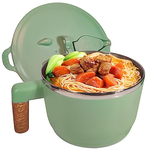 Ramen Schüssel mit Deckel, Ramen Bowl aus SUS304 Edelstahl, 1000ml Ramenschüssel mit Holzgriff & Telefonhalter Anti-Rutsch und Hitzebeständig, Ideal für Nudeln, Salate und Vorspeisen, Grün