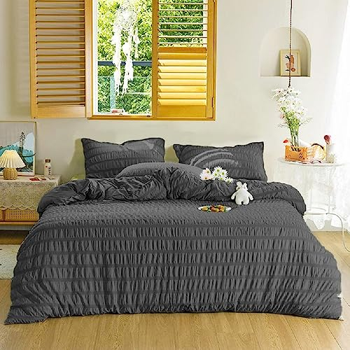 Luofanfei Bettwäsche Seersucker 220x240 Dunkelgrau Grau Sommer Uni Einfarbig Graue Wendebettwäsche Set Microfaser Atmungsaktiv Leicht Bettbezug und Kissenbezüge 80x80 cm mit Reissverschluss