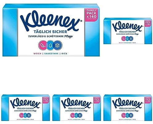 Kleenex Täglich Sicher Taschentücher-Box, 3-lagig, Für den täglichen Gebrauch, 1 Packung à 140 Tücher (Packung mit 5)