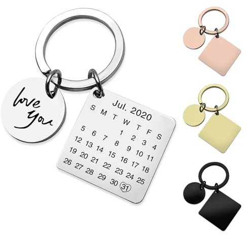 Aotoyou Schlüsselanhänger Personalisiert Datum Kalender, Partner Anhänger mit Gravur Text, Jahrestag Geschenke Individuell für Ihn Sie