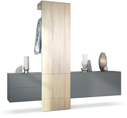 Vladon Garderobe Carlton Set 1, Made in Germany, Flur-Garderobe aus Deko-paneel, Schubladen-Kommode & Schuhschrank, Anthrazit matt/Eiche sägerau (209 x 193 x 35 cm)