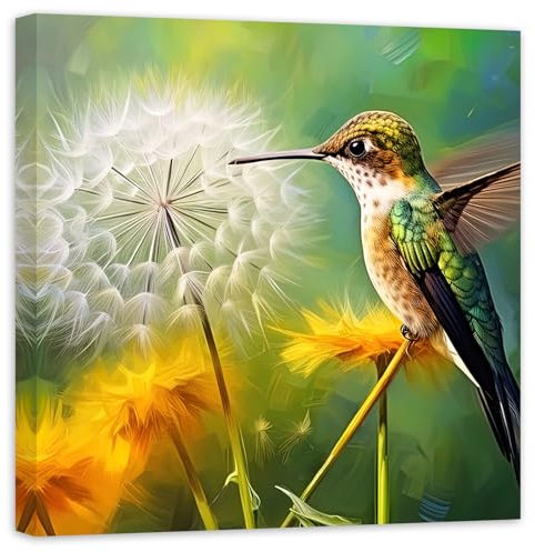 ZXHYWYM Kolibri Bilder Vogel mit Löwenzahn Leinwanddrucke Natur Tierbilder Gemälde Kunstwerke Heimdekoration für Schlafzimmer Badezimmer (Bild-3, (70.00 x 70.00 cms))