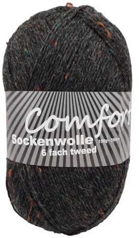 6-fädige Sockenwolle Strumpfwolle -150gr Knaul- 375m Lauflänge - dicke Wolle für besonders warme Socken – grosse Farbauswahl (Tweed dunkelgrau)