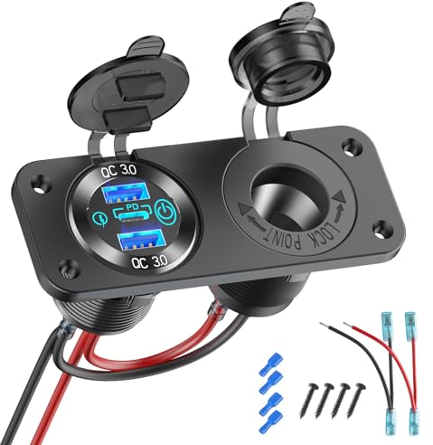 Toma USB 12V Marina Interruptor Panel Enchufe de 12 Voltios, PD3.0 y Doble QC3.0 Puertos USB Cargador de Coche de Aluminio, Enchufe de Mechero Impermeable 150W 12V Empotrable 2 en 1 para Barco Camper