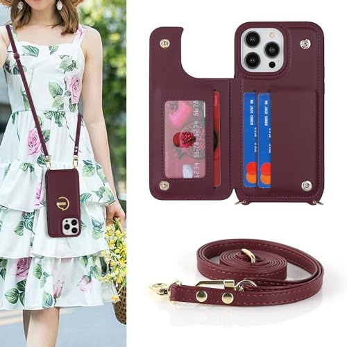 SailorTech iPhone 15 Case with Credit Card Holder, iPhone 15 Phone Leather Case Ring Stand with Kickstand Strap Card Slots Wallet Crossbody for iPhone 15 - Burgundy