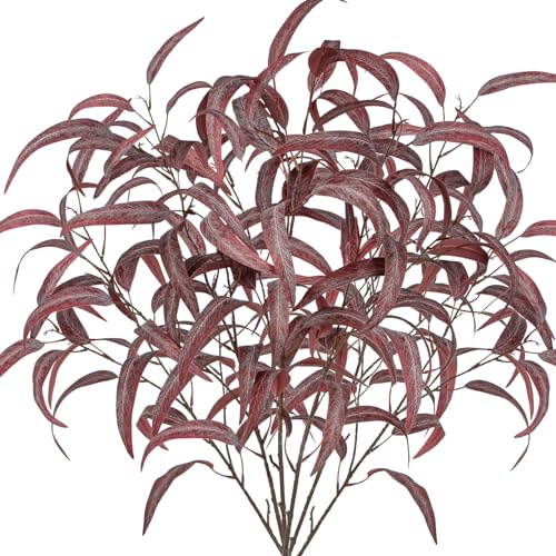 Hollyone 6PCS Kunststoff Pflanzen Künstliche Eukalyptusblätter Rot, 87cm Lange Stiel gefälschte Eukalyptuszweige, Faux Greenery Arrangement für Frühlingsdekoration, Home Decor Porch Vase Deko
