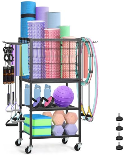 CADUKE Dumbbell Rack & Stand, Yoga Mat Storage with Hooks and Wheels, Home Gym Weight Rack for Dumbbells, Kettlebells, Yoga Mat, Yoga Block, Foam Roller and Resistance Band