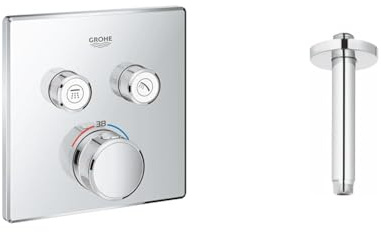 GROHE Grohtherm SmartControl - Concealed Square Thermostat for Shower or Bath (2 Valves & 28724000 | Rainshower Metal Ceiling Shower Arm | 142mm, Chrome