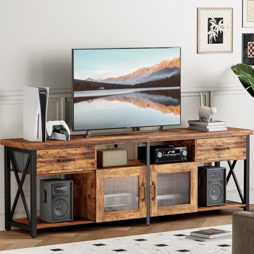ALLSTAND Tall TV Stand for 75 80 Inch TV, Entertainment Center with Fabric Drawers & Cabinets, Industrial Gaming Console Table with Soundbar Shelf for Living Room, Bedroom, Rustic Brown (71 Inches)