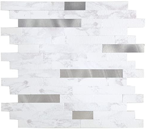 Yipscazo 1 Sheet Peel and Stick Stone Metal Tile Backsplash, Stick on Tiles for Backsplash Kitchen, Bathroom, Laundry Room, Camper, Fireplace (12'' X 12'', Carla White Stone)