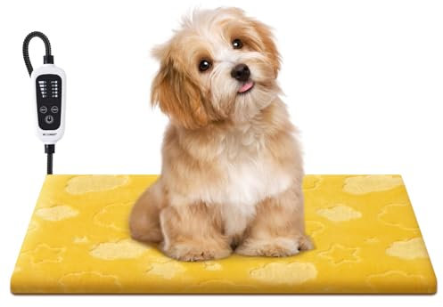 WOOMER Pet Heating Pad Adjustable Temperature, Waterproof Heating Pad with Timer for Outdoor Dog House, Chew Proof Heated Mat for Inside Cats Dog Bed (18 x 18, Yellow)