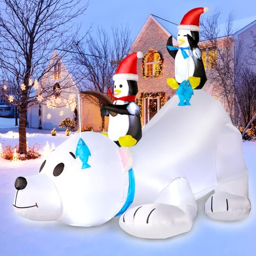 180 cm Weihnachtsdekoration Aufblasbares, 6 FT Aufblasbarer Eisbär und Zwei Pinguine LED Weihnachten Dekoration, Party Dekoration für Innen/Außen, Weihnachtsfeier Garten Dekoration