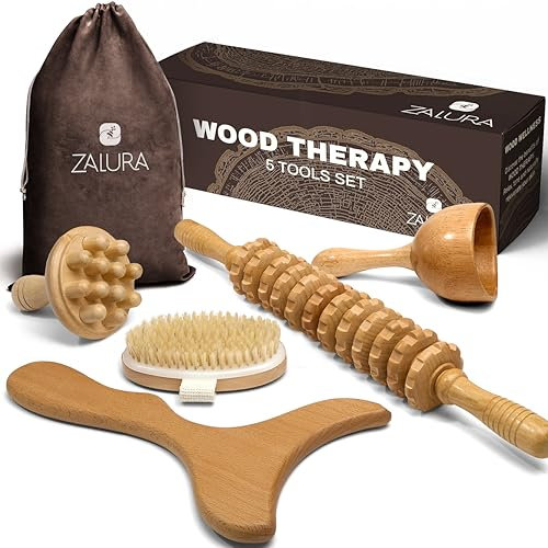 ZALURA - kit maderoterapia corporal 5 piezas + manual de uso - rodillo estriado, tabla moldeadora, copa sueca, champiñón y cepillo exfoliante corporal - Tu spa en casa