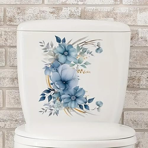 Blue Flower Butterfly Toilet Cover Sticker Decals,Spring Flower Leaf Butterfly Waterproof Toilet Lid Tank Seat Decals Cistern Self-Adhesive Bathroom Wall Sticker
