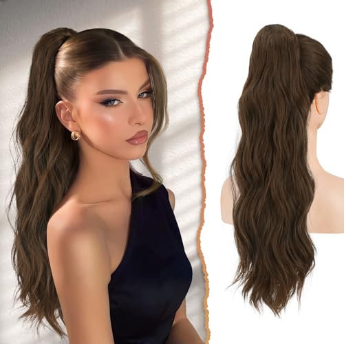 Sofeiyan Pferdeschwanz Haarteil Mit Kordelzug, 56 cm Lang Gewellt Zopf Haarverlängerung Synthetik Natürliches Kordelzug Verlängerung für Frauen, Braun & Rotbraun