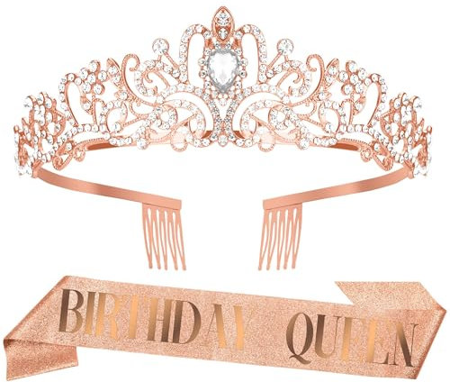 Birthday Queen Schärpe Prinzessin Krone Set Geburtstagskrone Mädchen mit Roségold Glitzer Schärpe Geburtstag Accessoires für Kinderparty Halloween Birthday Girl Crown Tiara