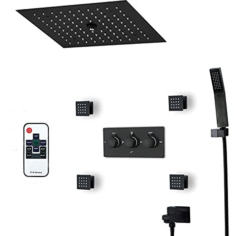 sjdoPulse Led Shower System Matte Black, 300 * 300 Ceiling Mount Rainfall Waterfall Shower Head With Hand Shower, Tub Spout, Body Jet, Bath Shower Mixer Tap,Mobile Phone Control,Remote Control