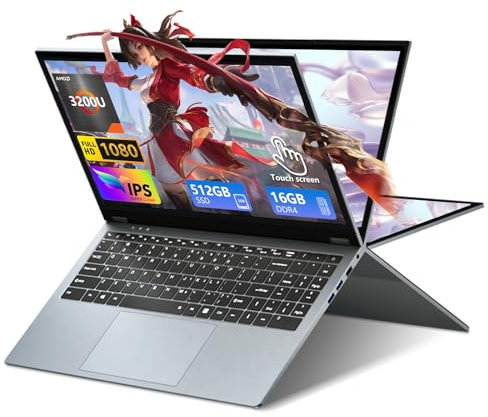 Ekonavi PC Portatile 2 in 1, Ryzen 3 3200U CPU 16 GB RAM 512 GB SSD, Notebook da 15,6 pollici con display 1920x1080, Win11 Pro Laptop, con RJ45, Type-C, USB 3.0 laptop ultra sottile e leggero