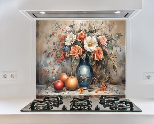 Myphotostation Vintage-Blumenvase, Stillleben, gehärtetes Glas, Spritzschutz für Küche, Herd, Wandschutz, Schneidebrett, Herd-Rückabdeckung, 109 x 68 cm