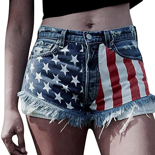 Generisch Shorts Women Black Short Women Ripped American Flag Printed High Waist Frayed Hem Casual Denim Shorts Jack & Shorts