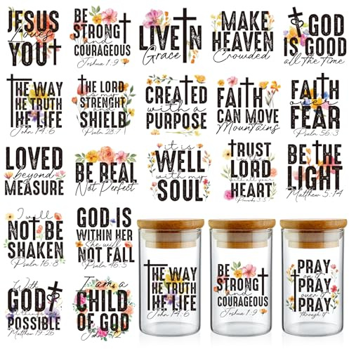 INCOK Transferfolie zum Basteln, christlicher Bibelvers, UV-DTF, für 473 ml Glas, motivierende Zitate, bunte Blumen, Kaffeetasse, Transferaufkleber, religiöses Geschenk, 20 Blatt