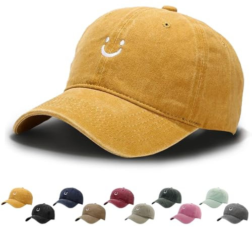 WENAUANG Cappello Baseball Retro Donna, Cotone con Ricamo di Faccina Sorridente, Berretto Baseball Lavato e Rovinato Distressed, Adatto per Sport all'Aperto, Uomini e Donne