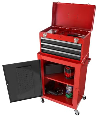 Avilia - Carrello Porta Attrezzi Professionale con 3 Cassetti Scorrevoli e Armadietto con Serratura per Garage e Officina, Struttura in Metallo Verniciato Facile da Spostare