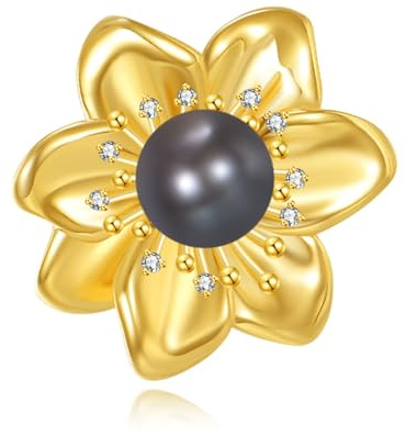 Diamonds Flower Brooch for Women, 925 Sterling Silver Black Freshwater Pearl Pins with Lab Grown Diamonds for Clothes, Flower Brooches Jewelry Gifts Christmas Mothers Day Birthday (Lab Grown Diamonds)