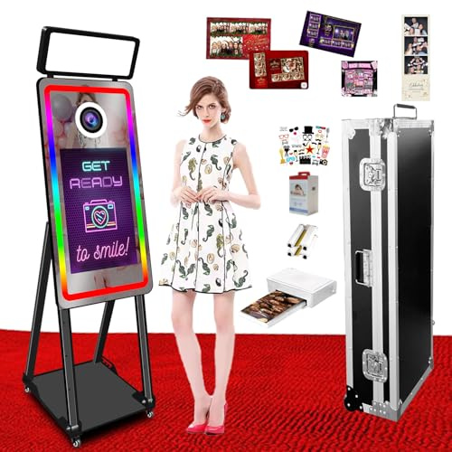 Portable 40 Magic Mirror Fotoautomat mit Drucker, App-gesteuert, Integrierter Mini-PC und 21,5'' Touchscreen Selfie-Fotobooth-Maschine für Party (Black, with Printer)