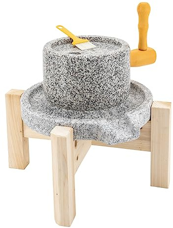 Stone Grain Mill Grinder with Filter Bag, Stone Grainer Mill with Wooden Frame, Traditional Manual Grinding Tool for Bean Barley Spice Corn 1.6-2in Grinding Groove Diameter (With Stand)