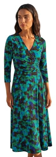 Roman Fit and Flare Dress for Women Ladies Chest Twist Knot Ruched Tea Skater Empire Waist Wedding Guest Smart Casual Swing Midi 3/4 Long Sleeve Knee Length - Green Blue Noir - Size 12