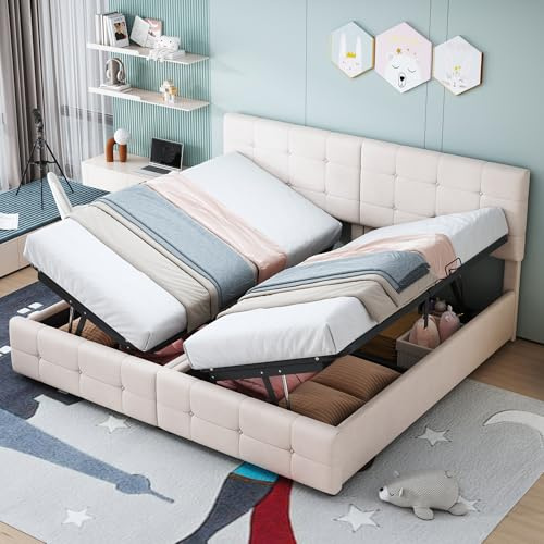 WIZBED Boxspringbett 180x200 mit Bettkasten, Hydraulisches Doppelbett Polsterbett mit Lattenrost, Bettgestell mit Stauraum, Schlafzimmer Komplett, Stauraumbett, Samtstoff, Ohne Matratze, Beige