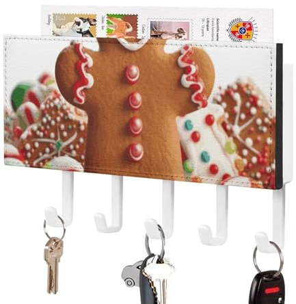 FWJZDSP Portachiavi a forma di omino di pan di, portaoggetti da parete, organizer per posta, portachiavi adesivo con 5 ganci, a trapano, ganci decorativi per chiavi di casa, per ingresso, corrid