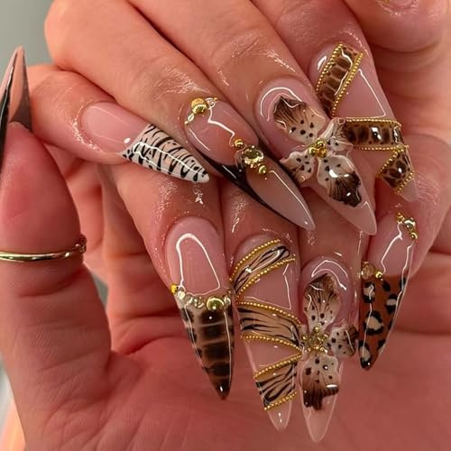 Stiletto Press On Nails with Gold Accents & Rhinestones - Zebra and Leopard French Tip Design, ABS Material with Jelly Adhesive Tabs for Glamorous Manicure, Party and Evening Wear