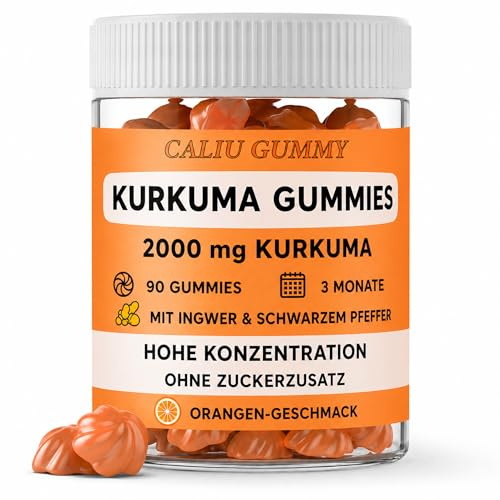 Kurkuma Complex 2000 mg | Curcumin 95% Curcuminoide | Kurkuma mit Ingwer & Schwarzem Pfeffer | Hohe Bioverfügbarkeit | 90 Gummies | 3 Monate | Vegan | Ohne Zuckerzusatz | Orangengeschmack