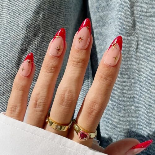French Tip False Nails, Long Pointed Crimson Red Press-On Set, 24-Piece | Translucent Nude Base, Raised Gold-Tone Sun And Star Motifs, 12 Sizes, For Home Manicures, Dinners And Parties