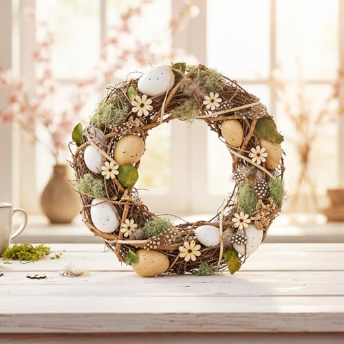 levandeo Deko Kranz Ostern 30cm Natur Frühling Türkranz Gesteck Eier Blumen Osterdeko Osterkranz Tischdeko Hängedeko