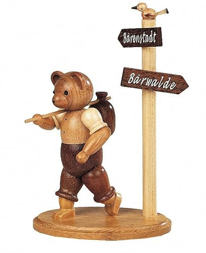 Müller Bär, Wanderer am Wegweiser, 10 cm hoch, Natur, original Erzgebirge Seiffen