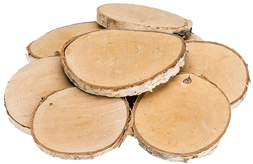 NaDeco Runde Birkenscheiben 8–10 cm Ø, Stärke 1 cm | 10 Stück naturbelassen & geschliffen | Brandmalerei | Herstellen von Namensschildern & Platzkarten | Baumscheiben | Bastel- & Hochzeitsdeko Deko ㅤ