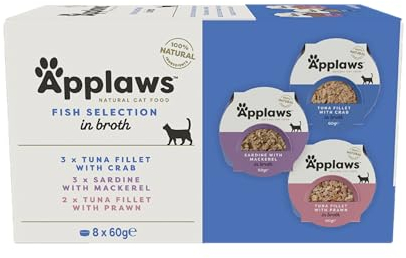 Applaws 100% Natural Wet Cat Food Pot, Multipack Fish Selection in Broth 60g Pots (Pack of 4, Total 32 Pots)