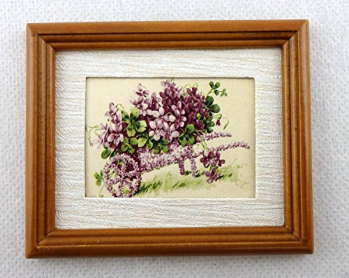Melody Jane Dolls House Wheelbarrow of Violets Picture in Walnut Frame Miniature Accessory