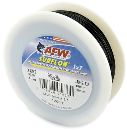 American Fishing Wire Surflon Nylon Coated 1x7 Stainless Steel Leader Wire, Black Color,90 Pound Test, 1000-Feet