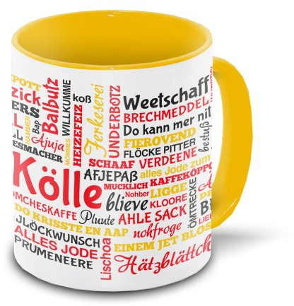Köln-Tasse Tagcloud - weiß/gelb - Tasse mit typischen Wörtern im Kölner Dialekt | Keramik-Tasse mit 330 ml Inhalt