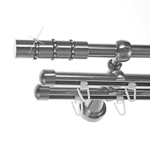 BASIT Rohr + 2x Innenlauf Gardinenstange Wandmontage 3 läufig 360cm lang Edelstahl Look Metall Gardinenstange 3 läufig Wandbefestigung Ø16mm I H14 RII