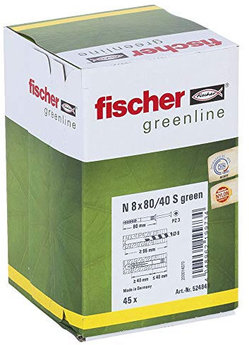 fischer - Cheville à frapper N 8 x 80/40 avec vis, fabriquée à base de matières premières renouvelables/Boîte de 45 Vert