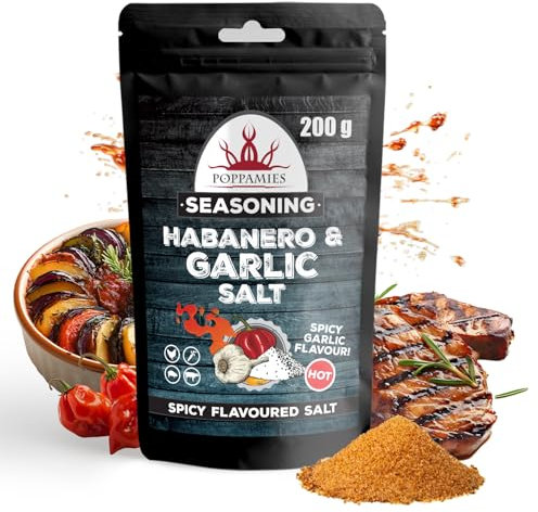 Poppamies Habanero & Garlic Salt - Great for grilling roasting or Everyday meals - Spiciness: Hot - Large Pack (200g)