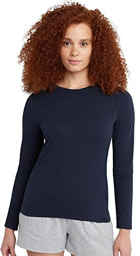 Hanes Women's Long Sleeve Cotton T-Shirt, Lightweight Crewneck Tee, Modern Fit Navy, Large