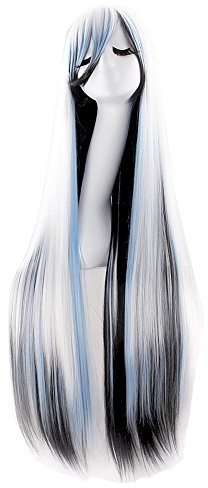 MapofBeauty 40 Anime Kostüm lange gerade Cosplay Perücke Partei Perücke (weiß/blau/schwarz)