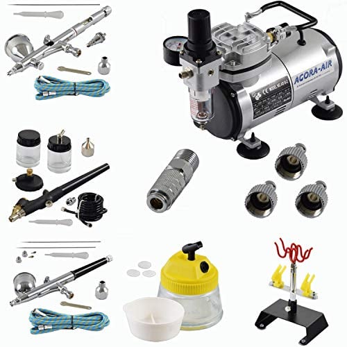 Agora-Tec® Airbrush Komplett-Set EXPERT VI.13, inkl. Kompressor mit 4 bar und 20l/min + 3 Airbrushpistolen mit 0,2 & 0,3 & 0,5 & 0,8mm Nadeln/Düsen + 3 Schnellkupplungen + 4-fach-Halter + Clean-Pot + 2 Schläuche + Adapter