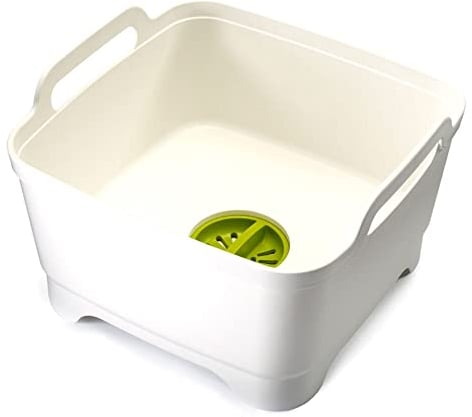 Joseph Joseph Wash&Drain Barreño Fregadero para Vajilla, Cubo Lavado/Escurridor de Platos con Asas y Tapón de Drenaje, en Plastico, Capacidad 9 Litros, Blanco/Verde